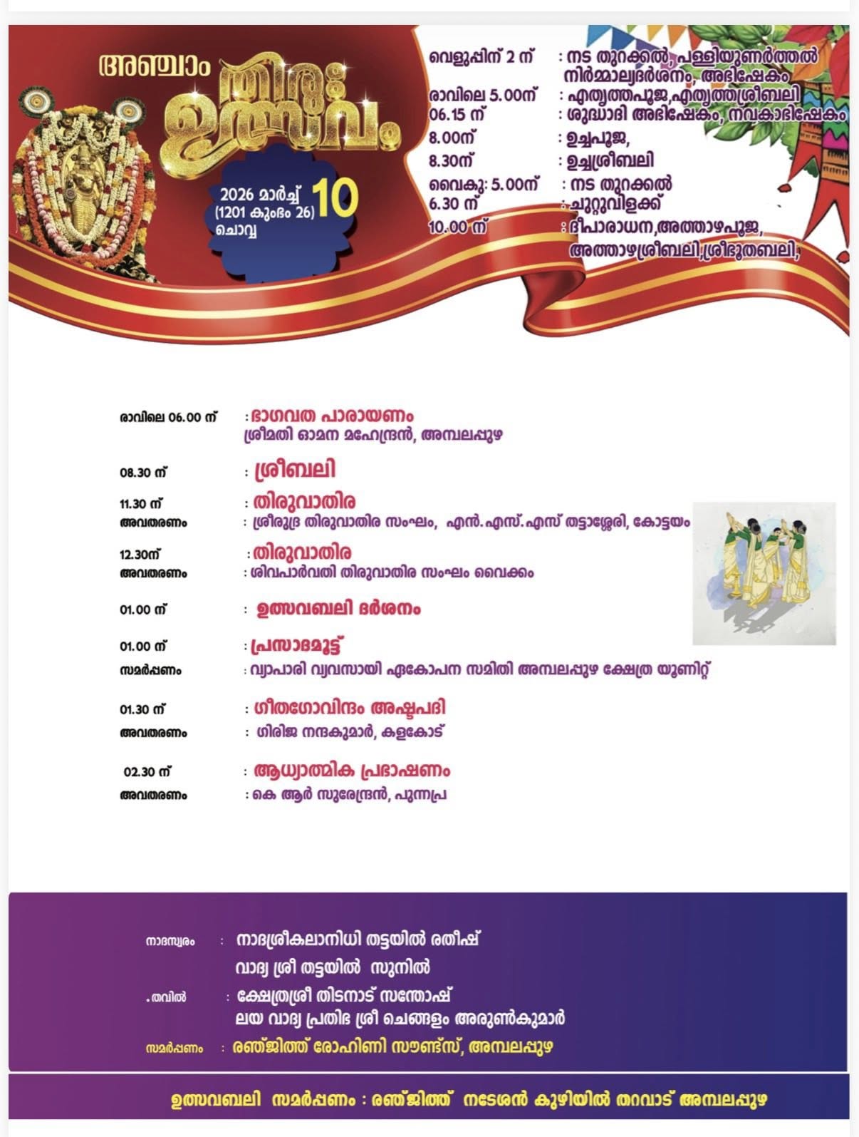 Temple festival rituals at Ambalappuzha Sree Krishna Swamy Temple 2026