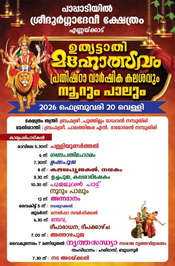 Uthrittath Mahotsavam, Pratishta Varshikam, Kalasha Pooja and Noorum Palum 2026  at Pappadi Sri Durga Devi Temple