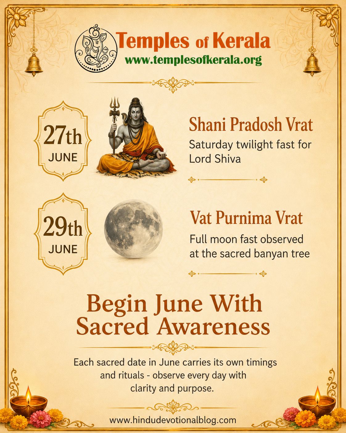 Temples of Kerala June 2026 sacred observances calendar with auspicious dates, poojas, vrats, and religious celebrations.
