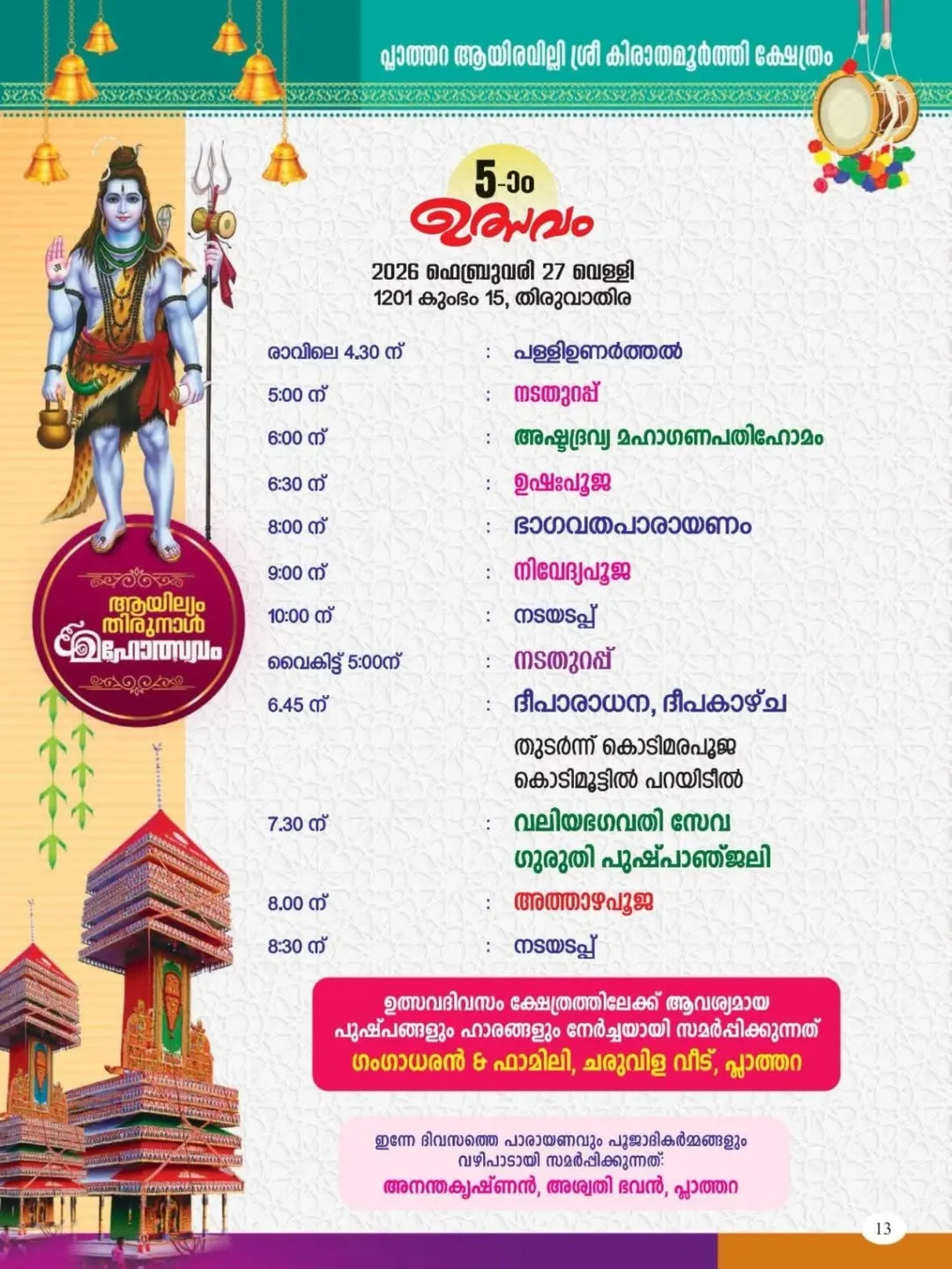 Abhishekam rituals during Ayilyam Thirunal Mahotsavam