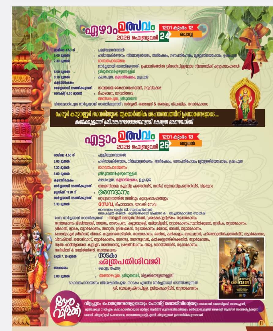 Temple decorated for Kumbha Thiruvathira Mahotsavam 2026