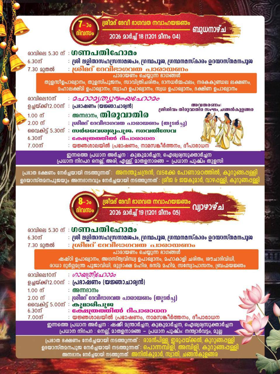 Temple rituals and poojas during Devi Bhagavatha Navah Yajnam Kollam