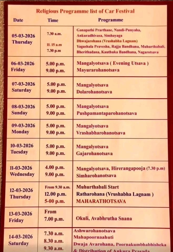 Decorated temple chariot and cultural performances at Kollur Sri Mookambika Temple festival