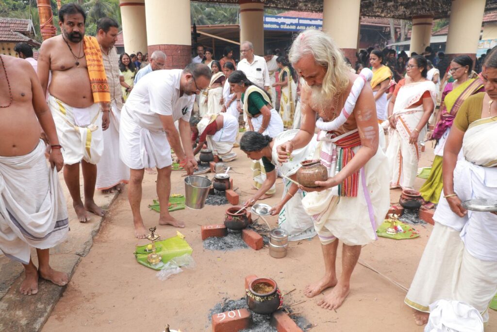 Women preparing Ponkala offerings at Thiruvalathur Temple during Meenam