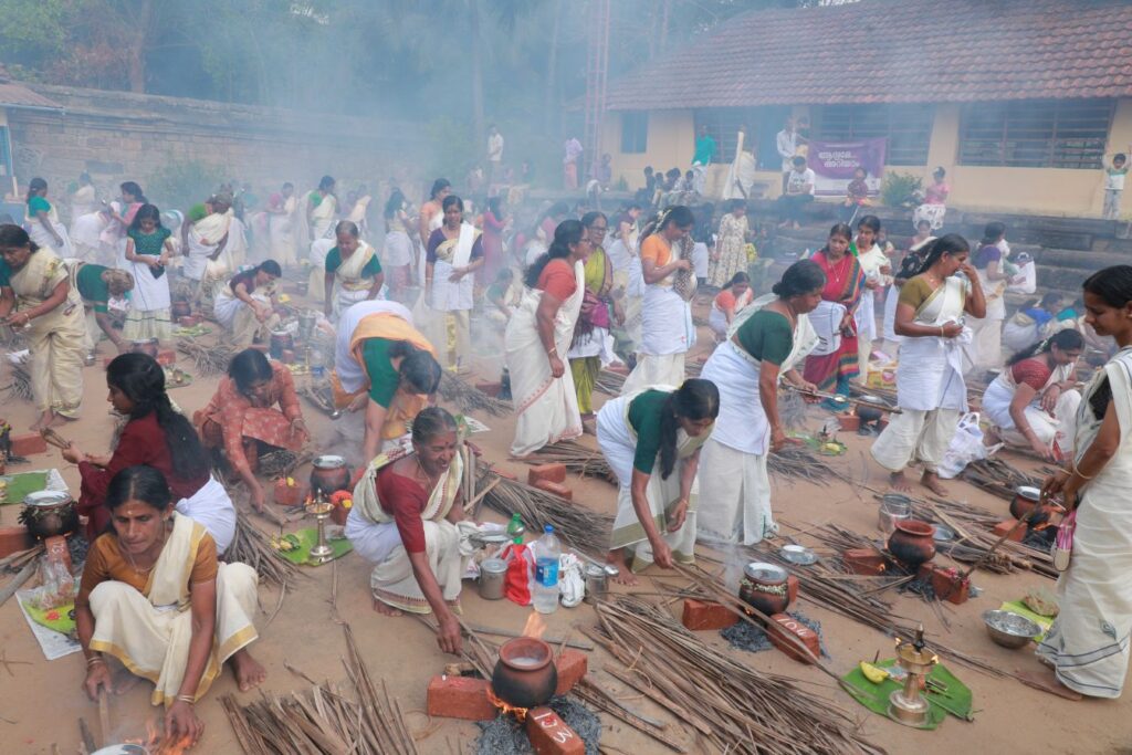 Clay pots arranged for Ponkala ritual to honor Goddess Bhagavathy