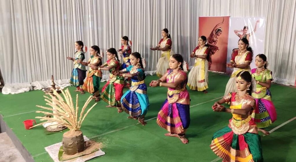 Temple stage set for Pancharatna Keerthanaalapanam during Navaratri