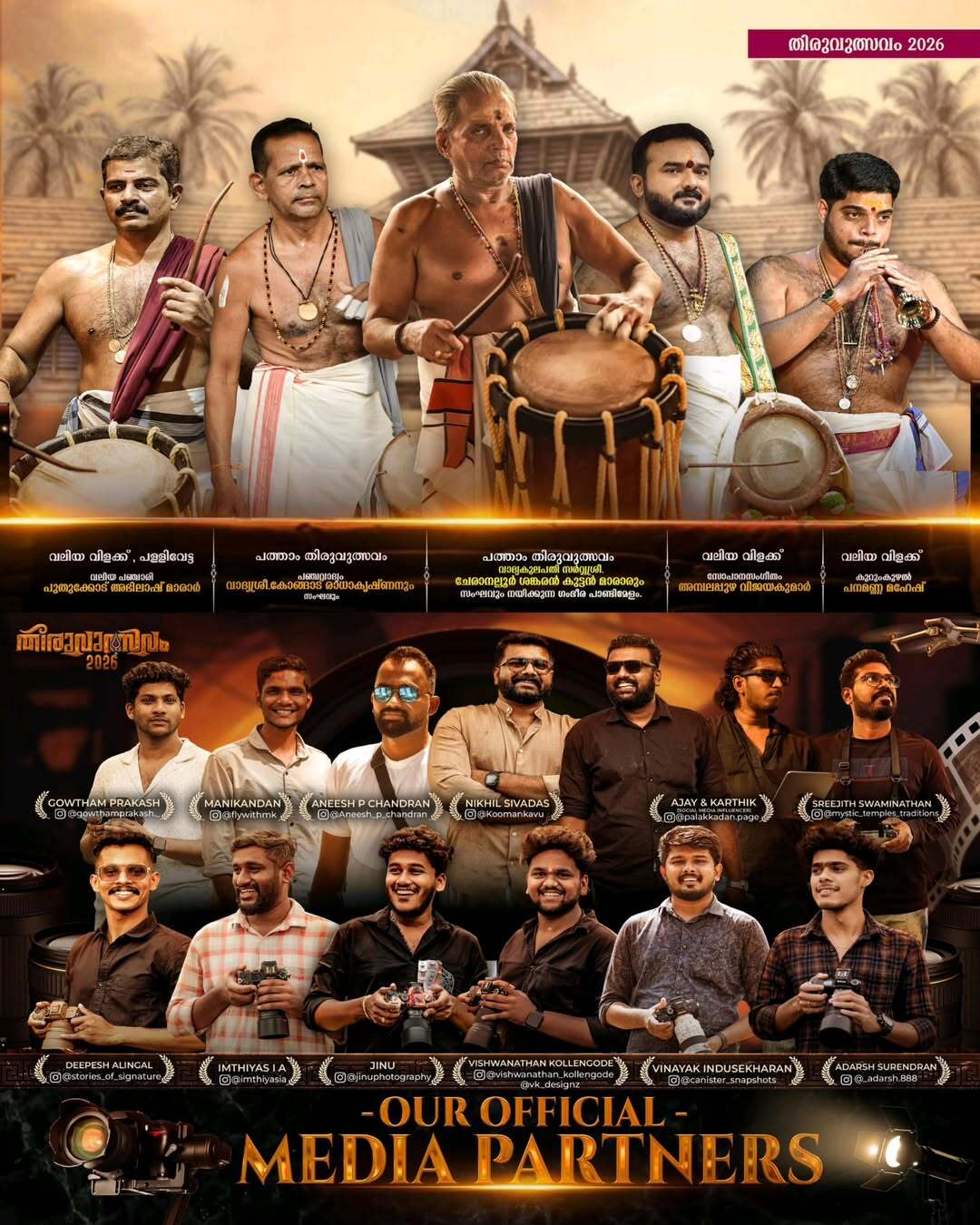 Kerala temple utsavam celebrations with elephants and melam