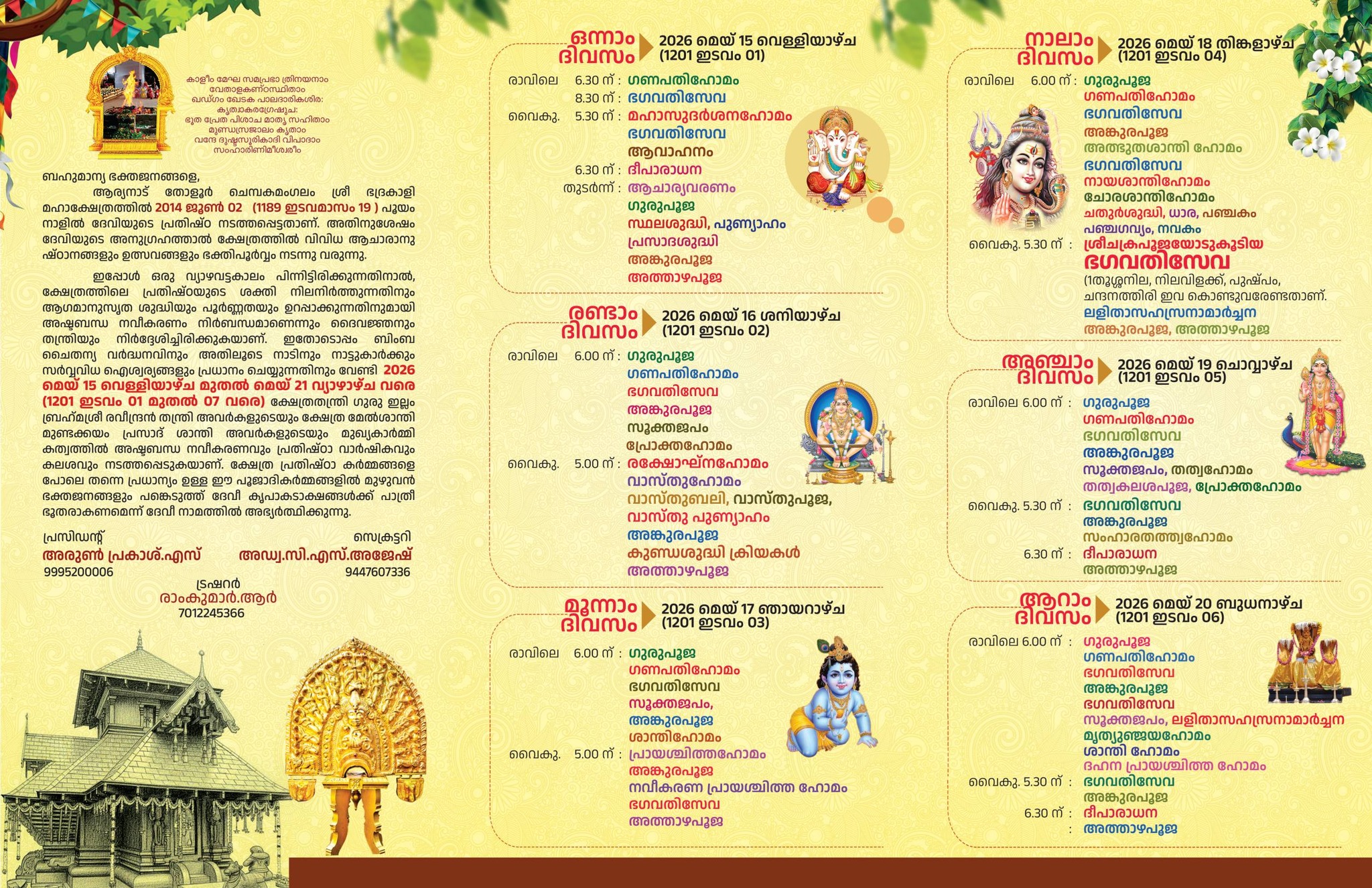 Chempakamangalam Sree Bhadrakali Temple Ashtabandha Navikaranam and Kalasha Abhishekam 2026 consecration renewal festival Aryanad Trivandrum