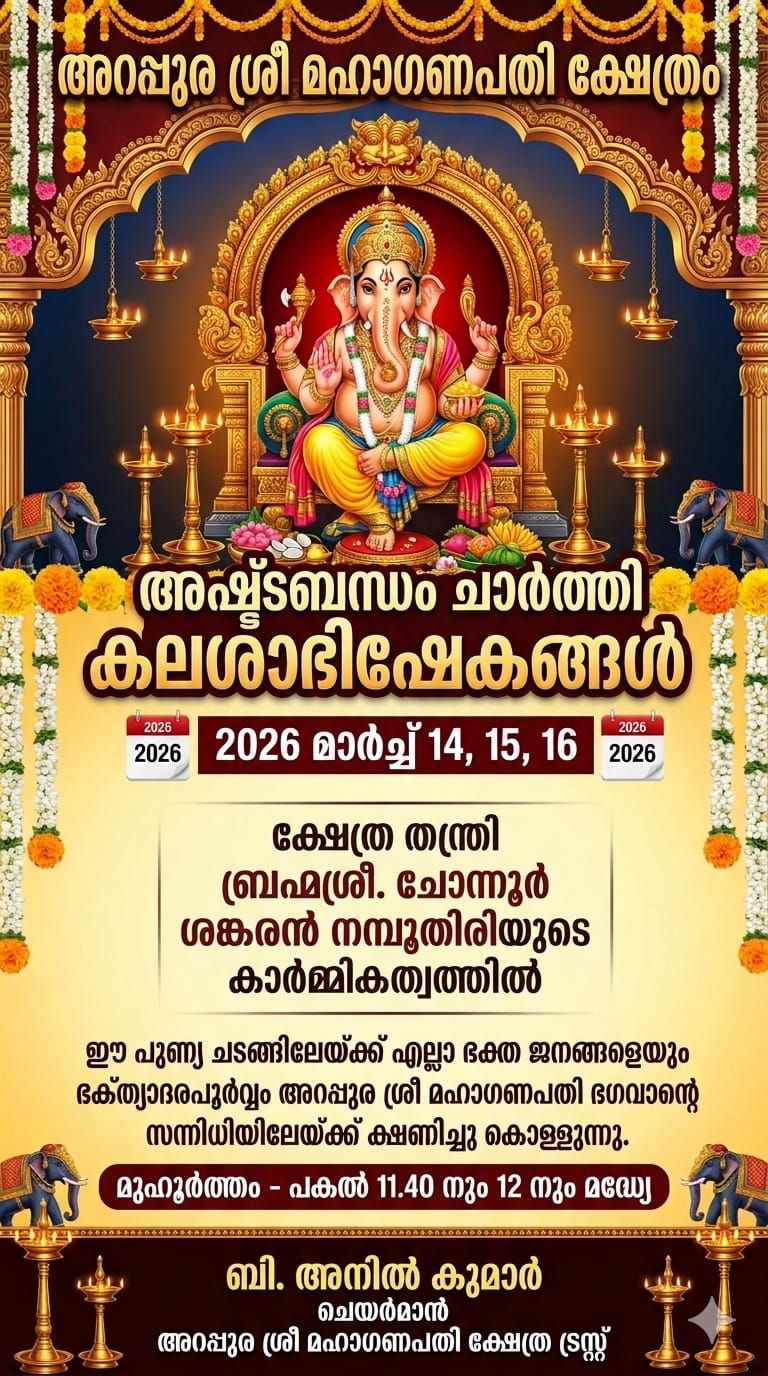 Ashtabandham Chaarthi Kalashaabhishekam 2026 Arappura Sree Maha Ganapathy Temple Trivandrum Kerala