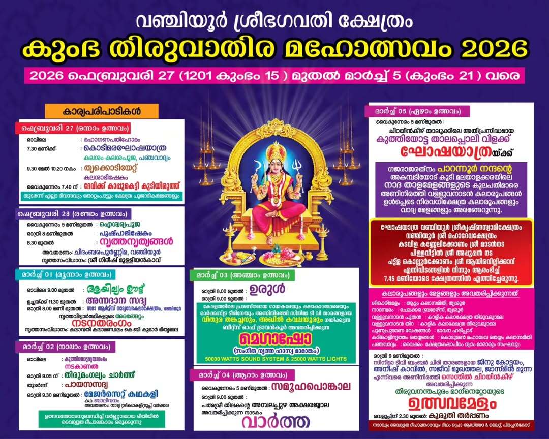Kumbha Thiruvathira Mahotsavam 2026 Vanchiyoor Sree Bhagavathi Temple Trivandrum Kerala