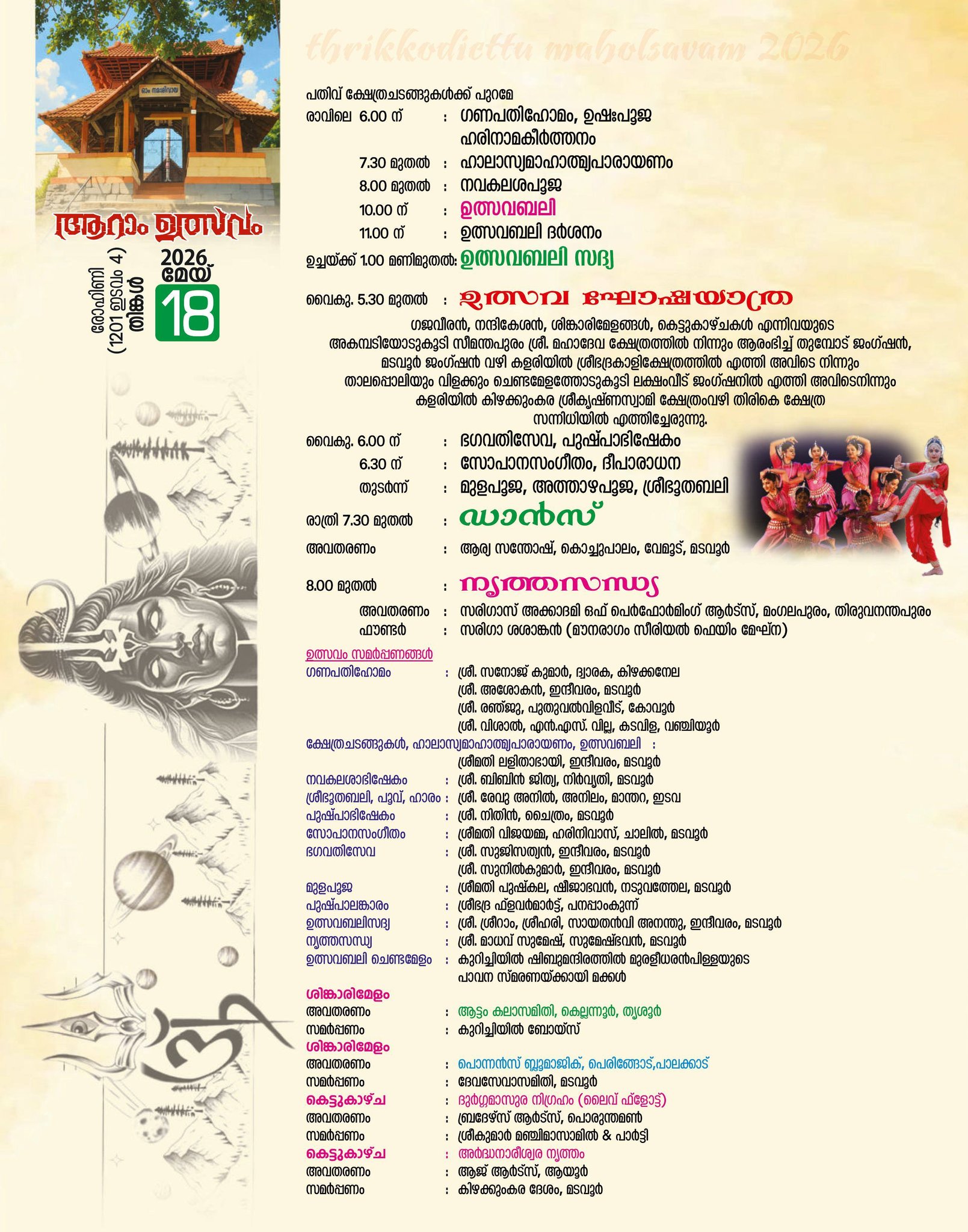 Temple procession with elephants at Madavoor Mahadeva Temple festival