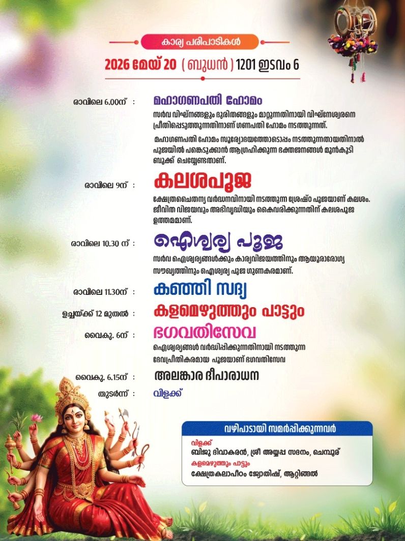 Kerala temple festival 2026 Thazhaykkattu Panchiyamma Temple Trivandrum Punaprathishta Varshikam devotional rituals Kalam Ezhuthu Paattu Annadanam